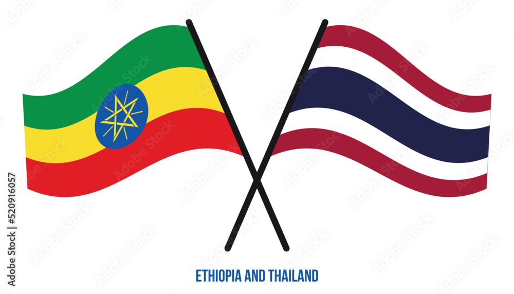 Ethiopia and Thailand Flags Crossed And Waving Flat Style. Official Proportion. Correct Colors.