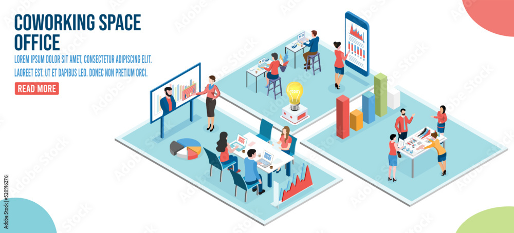 3D isometric Coworking space concept with people working or study on laptops in co-working area for business startup, freelancers, shared workplace. Vector illustration eps10 3D isometric Coworking space concept with people working or study on laptops in co-working area for business startup, freelancers, shared workplace. Vector illustration eps10