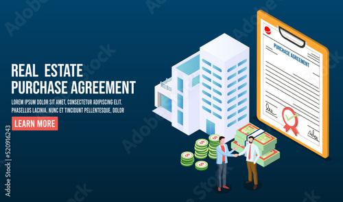 3d isometric Real estate purchase agreement concept with Buyer, Real estate agent, Property money investment contract, House loan Vector, calculates home mortgage rate. Illustration eps10