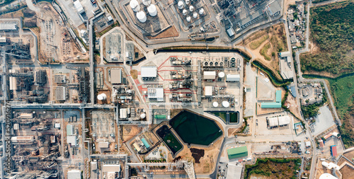 Oil refinery or petroleum refinery in the industrial factory of heavy industry zone, oil production plant, industrial process plant, oil storage tank and pipeline steel, Laem Chabang Refinery, photo