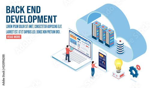 3d isometric Front and Back end development concept with coding and programming, studying with computers scene, Online IT courses, esponsive web design.  Illustration eps10
