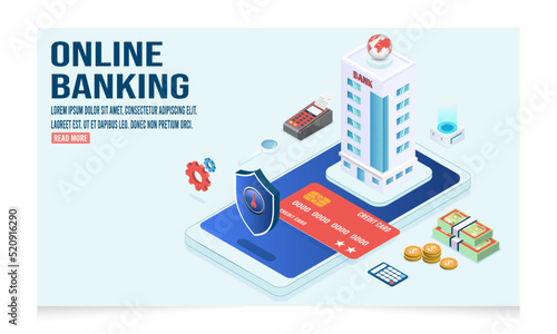 3d isometric Online banking and payment concept with mobile payments, Financial transaction, Transfer money from card.  Vector Illustration eps10