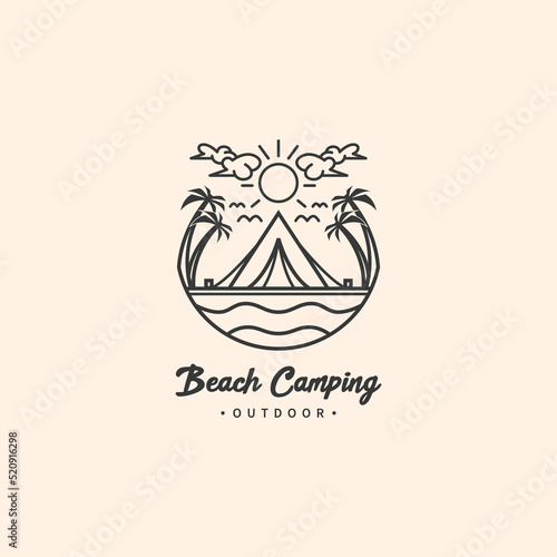 Summer beach camping recreation logo design with line art monoline style