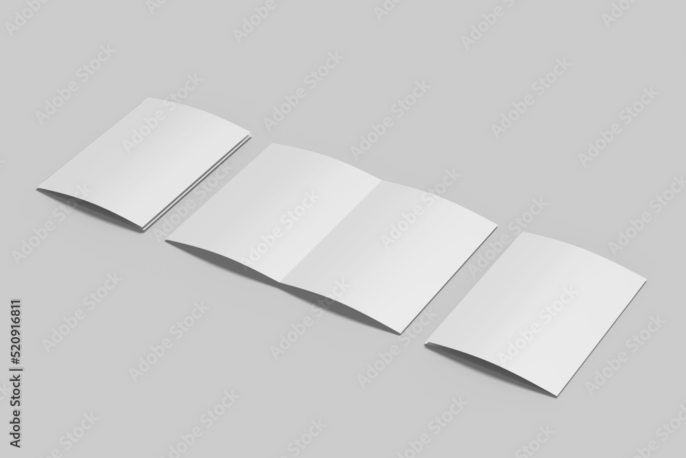 Realistic blank bifold brochure illustration for mockup. 3D Render. Realistic blank bifold brochure illustration for mockup. 3D Render.