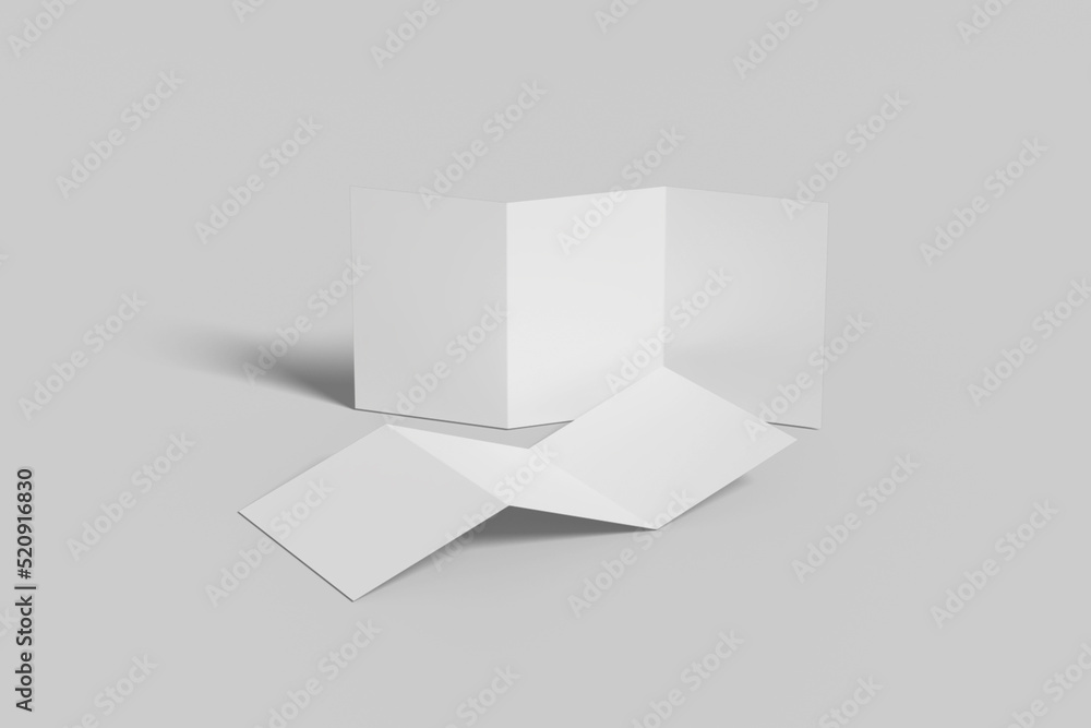 Realistic blank trifold brochure illustration for mockup. 3D Render. Realistic blank trifold brochure illustration for mockup. 3D Render.