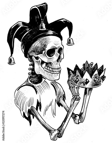 Obraz na płótnie Dead jester with a crown. Ink black and white drawing