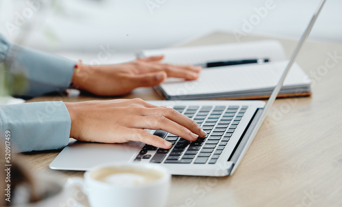 Social media creative typing on laptop  reading book and planning marketing plan while working on company strategy idea. Closeup hands of ambitious agent scrolling  searching or posting on technology