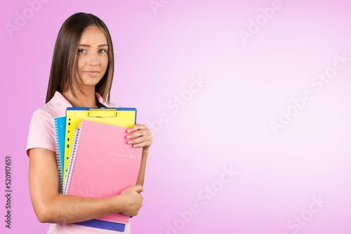 Funny teen student girl posing. Education in high school university college concept.