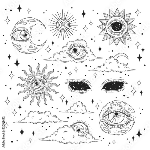 Set of natural heavenly esoteric symbols. Moon, clouds, sun, eyes. Surreal vector illustration in line style. Mystical modern art for decoration, print, tattoo