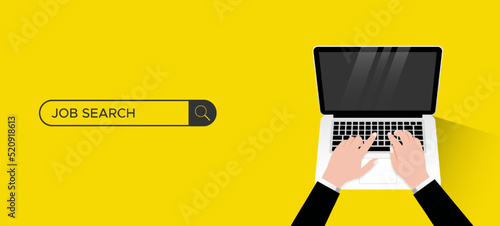 Businessman hand use computer laptop to find jobs. Searching for job with minimalist and elegant design