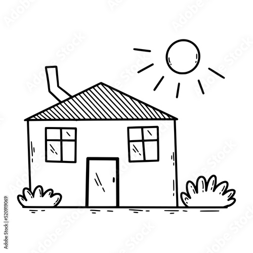Cute doodle house. Sketch illustration by hand. Drawing with contour line.