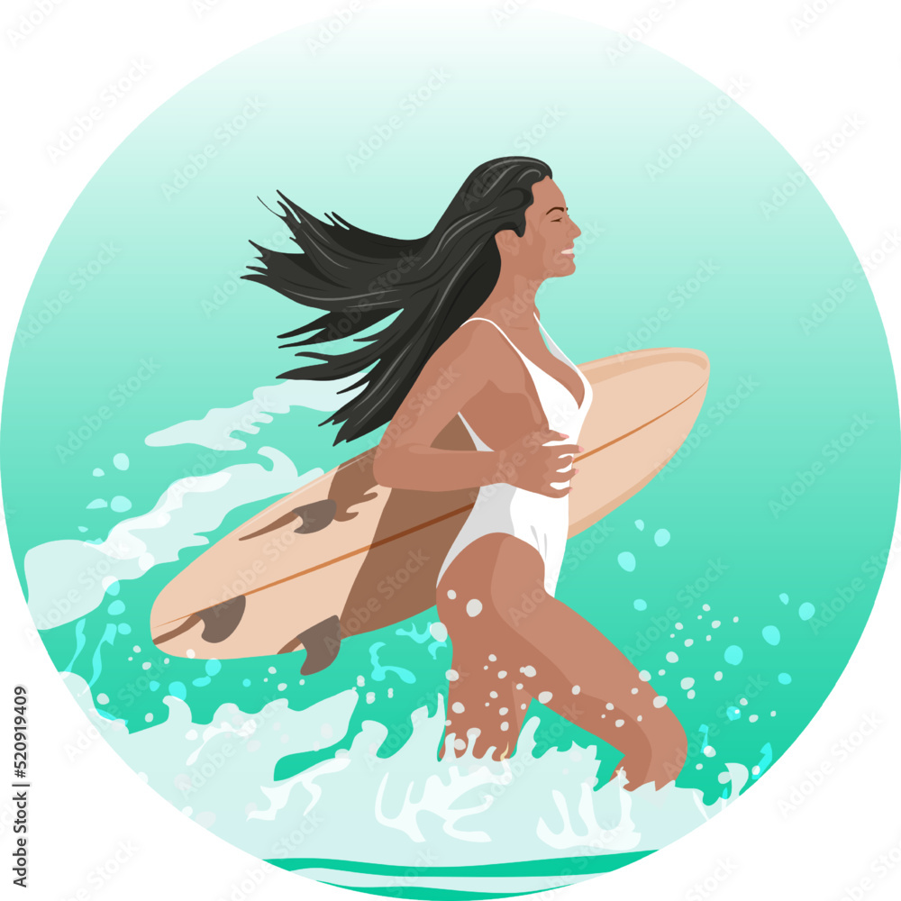 A girl in a white swimsuit with a surfboard runs into the sea
