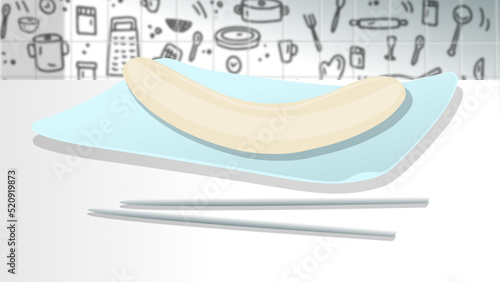 

A peeled banana or a white sausage on a light blue square plate on a white table, a pair of chopsticks aside, in a modern kitchen with food doodles on a white tiled wall, minimalistic vector