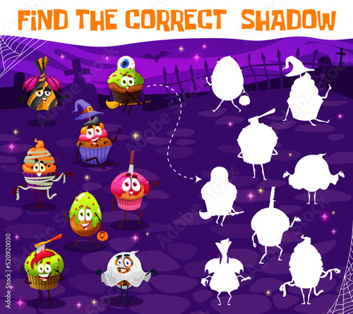 Cartoon Halloween candy characters on cemetery. Find the correct shadow game or puzzle vector worksheet, kids education riddle quiz with trick or treat sweet food silhouettes, witch and ghost cupcakes