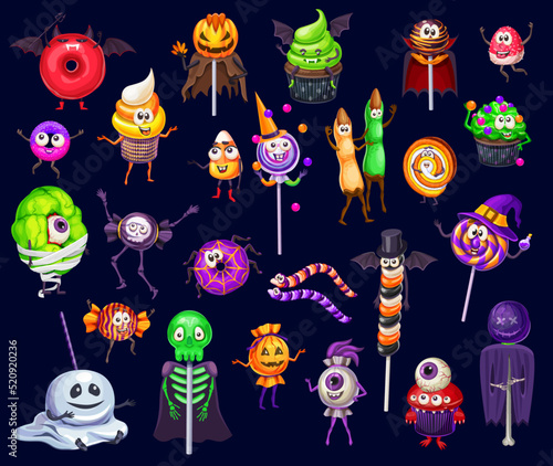 Halloween cartoon sweets characters of vector funny cupcakes, lollipops, donuts and candy corn, witch finger cookies, caramel apple and jelly worms. Halloween holiday trick or treat sweet food design