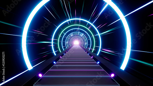 Obraz na plátně Glowing Neon Light Tunnel 3D Rendering