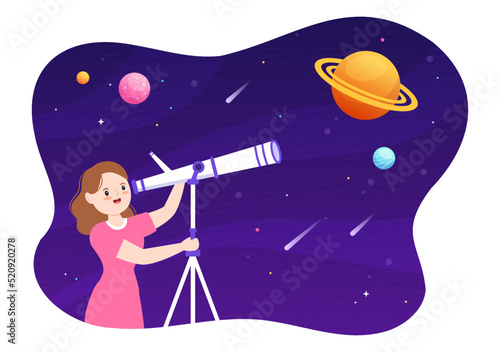 Astronomy Cartoon Illustration with People Watching Night Starry Sky, Galaxy and Planets in Outer Space Through Telescope in Flat Hand Drawn Style