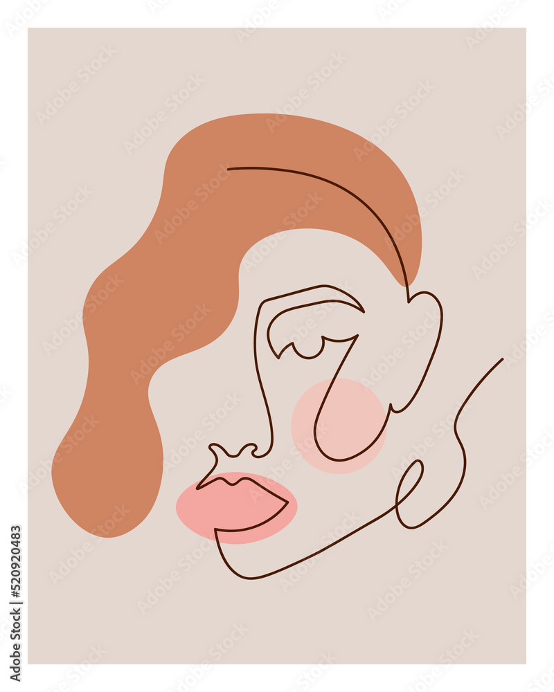 Abstract woman face, continuous line, linear art vector illustration template. Ready to print. Pastel and beige colors. Abstract woman face, continuous line, linear art vector illustration template. Ready to print. Pastel and beige colors.
