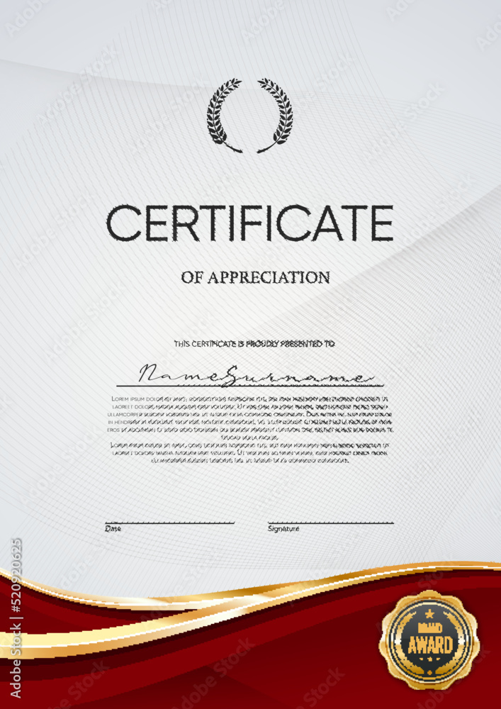 Award certificate of appreciation. Diploma template with vector elegant border line, gold badge, heraldic laurel wreath and star. Modern award, honor gift or winner diploma for business or education - obrazy, fototapety, plakaty 