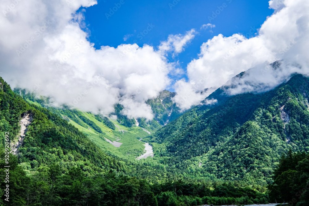 Naklejka premium 長野県松本市上高地からの梓川と穂高連峰