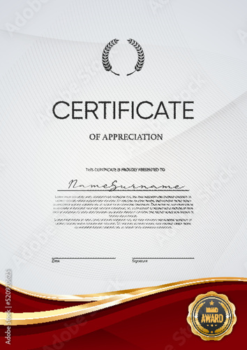 Award certificate of appreciation. Diploma template with vector elegant border line, gold badge, heraldic laurel wreath and star. Modern award, honor gift or winner diploma for business or education