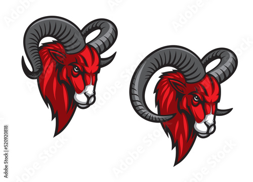 Powerful mountain goat animal mascot, sport team or league club wild animal vector emblem. Mountain goat animal mascot red head with horns for soccer football, basketball or baseball sport team emblem