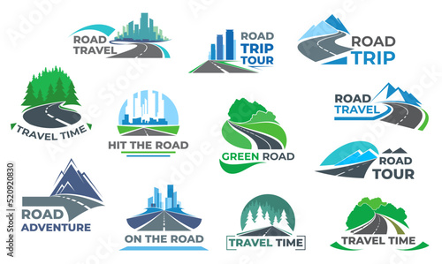 Road travel icons. Road adventure, travel time and highway trip vector symbol, emblem or icon with winding road, pathway or highway, city skyscrapers, mountain peaks and forest trees on horizon