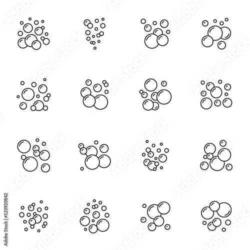 Soap foam bubble icons, soda water fizz or bath shower air, vector oxygen ball. Soap foam bubbles and liquid soapy droplets in thin line, fizzy bubbles for laundry wash or sparkling water drink