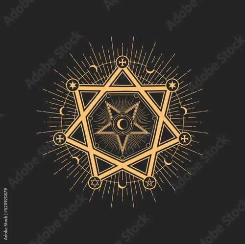 Occult esoteric mason sign, magic talisman with star and moon symbols of occultism. Vector masonic or freemason mystic amulet, alchemy magic sign