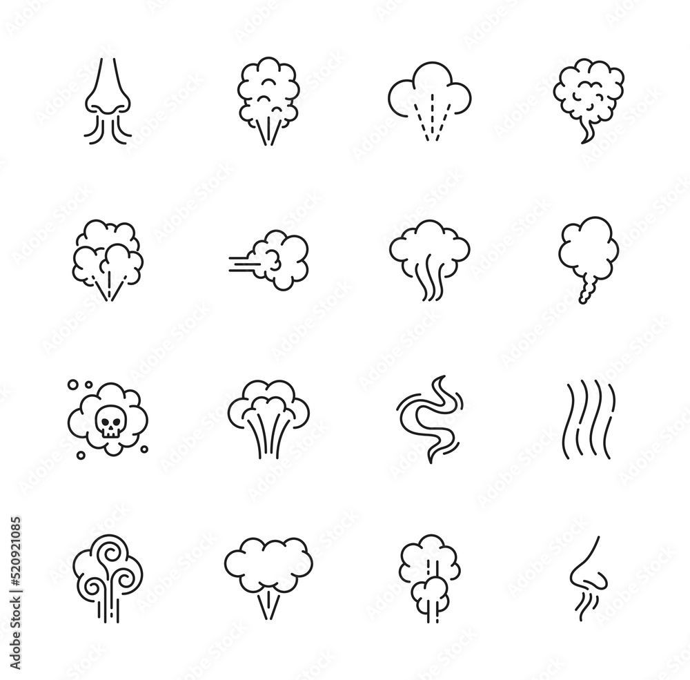 Smell icons, smoke steam and nose smelling odor scent, vapour or vapor, vector line symbols. Bad smell or stinky odour and toxic fume cloud icons with skull, smelly stink gas or smoke steam - obrazy, fototapety, plakaty 