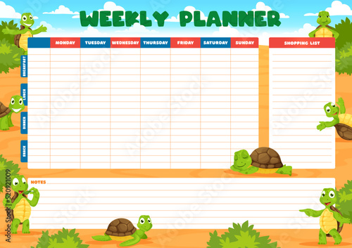 Weekly planner schedule with cartoon turtle. Cheerful tortoise animal characters. School education calendar vector daily checklist, lessons weekly planner or timetable with cute turtle kid personages