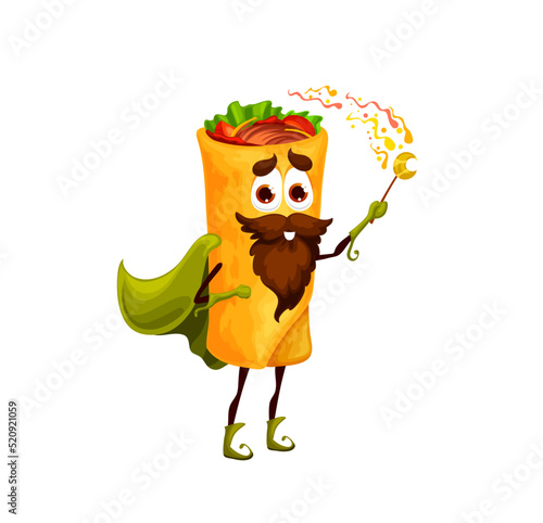Cartoon funny shawarma mage character. Takeaway meal, street fast food sandwich or burger sorcerer personage with magic wand. Funny shawarma wizard vector mascot character