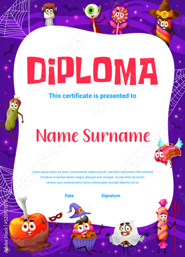 Kids Halloween diploma, cartoon Halloween candy characters vector certificate of kindergarten or preschool education. Vertical graduation diploma or achievement certificate with trick or treat sweets