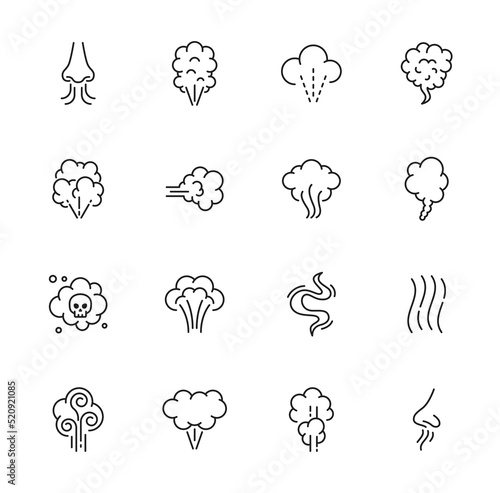 Smell icons, smoke steam and nose smelling odor scent, vapour or vapor, vector line symbols. Bad smell or stinky odour and toxic fume cloud icons with skull, smelly stink gas or smoke steam photo
