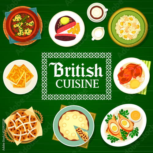British cuisine meals menu cover vector template. Scotch eggs, baked rabbit and Irish stew, coffee, duck pie and cheese toast, rice fish kedgeree, hot cross buns and beef steak