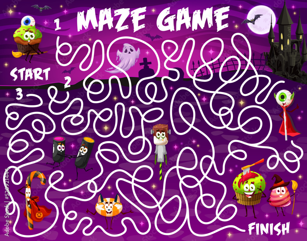 Labyrinth maze game. Cartoon Halloween candy characters vector puzzle with find right way task and start to finish path. Kids education riddle quiz with zombie lollipops, witch and ghost cake Labyrinth maze game. Cartoon Halloween candy characters vector puzzle with find right way task and start to finish path. Kids education riddle quiz with zombie lollipops, witch and ghost cake
