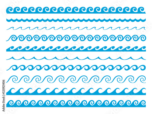 Sea and ocean wave water borders and frames separator. Blue wave line patterns set, river, ocean or sea water flow frame abstract divider and water wave vector line decorations
