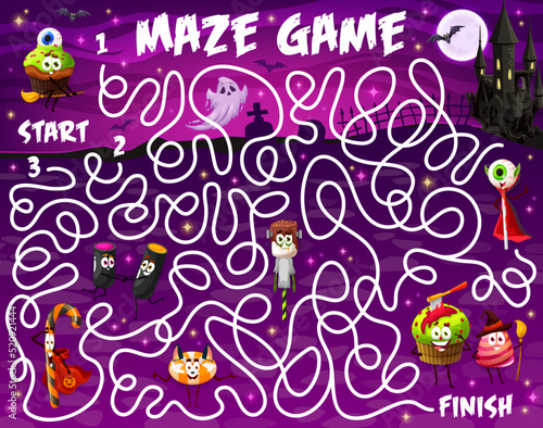 Labyrinth maze game. Cartoon Halloween candy characters vector puzzle with find right way task and start to finish path. Kids education riddle quiz with zombie lollipops, witch and ghost cake
