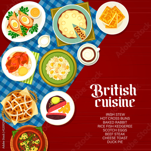British cuisine meals and dishes menu page cover. Hot cross buns, duck pie and baked rabbit, beef steak, cheese toast and coffee, Irish stew, Scotch eggs and rice fish kedgeree
