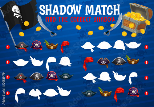 Pirate tricorn, cocked hat and bandana. Find the correct shadow game, educational riddle, children logical quiz, vector puzzle with find shadow task. Kids shadow match game with corsair captain hats