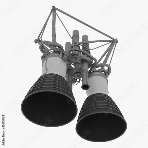 LR-87 Rocket Engine Gemini booster for Titan II Rocket. Liquid propellant RP-1 Oxygen Nitrogen Tetroxide. 3D Render. Manned Spaceflight for Science and Technology. Bottom Front View