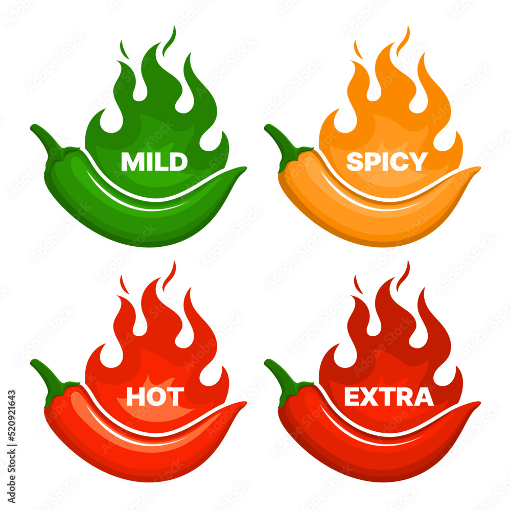 Spicy level of hot chili peppers with fire flames. Vector labels of chili, spice food or sauce