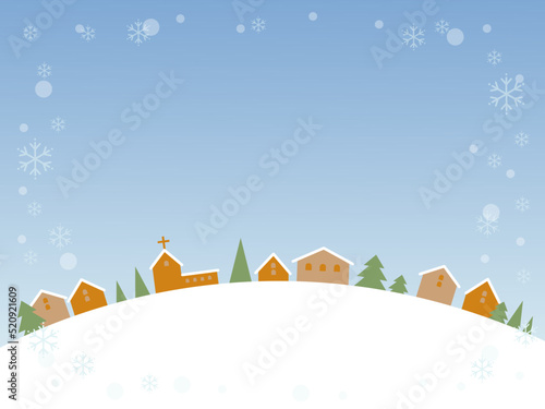 雪が降る昼の街並みのイラストの背景素材