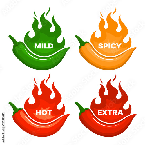 Spicy level of hot chili peppers with fire flames. Vector labels of chili, spice food or sauce, heat scale or rating with red cayenne, green jalapeno and yellow habanero. Mexican menu sticker, label