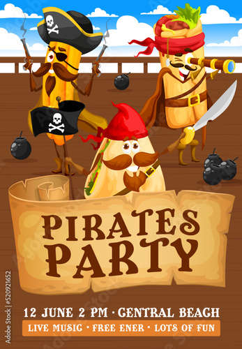 Pirates party flyer. Cartoon mexican food pirate and corsair characters. Kids party poster or holiday celebration invitation cart vector template with taco, burrito and churros pirate personages