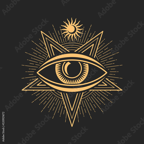 Occult eye and star, isolated tattoo esoteric symbol, magic tarot sign. Vector mason talisman, sun and moon, sacred occultism talisman, esoteric icon