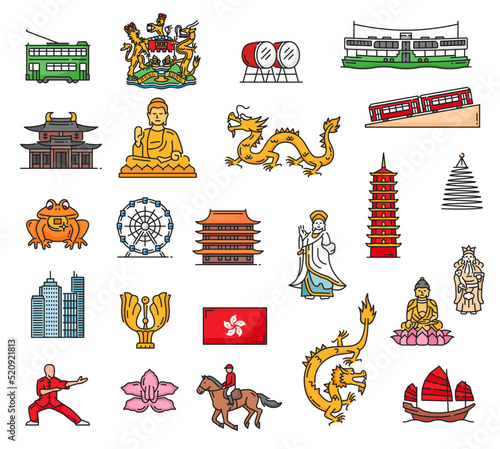 Hong Kong landmarks and travel color icons. Vector city and temple buildings, bauhinia, Buddha and junk boat, China flag, peak tram and pagoda tower, deity, gold dragon, coat of arms, ferry and drum