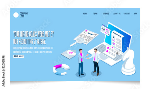 3D isometric hiring and recruitment strategy concept with People Characters Choosing Best Candidate for Job, Job interview, recruitment agency. Vector illustration eps10