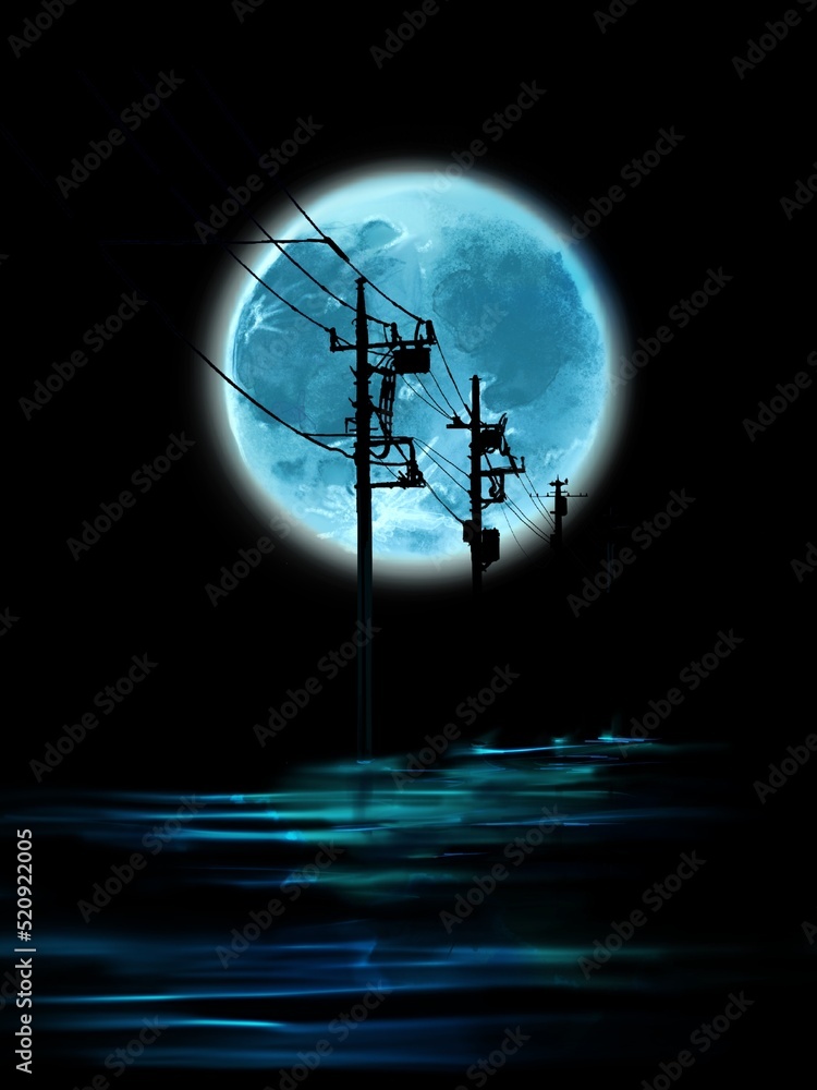 Φωτογραφία Mysterious landscape illustration of a big blue full moon shining in the night sky and a telephone pole disappearing beyond the horizon