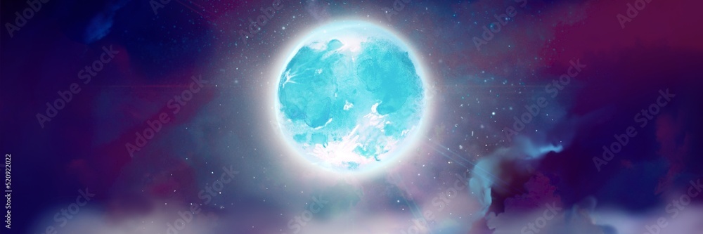 Wide size landscape light blue illustration of an eerie full moon shining brightly in the night sky. 